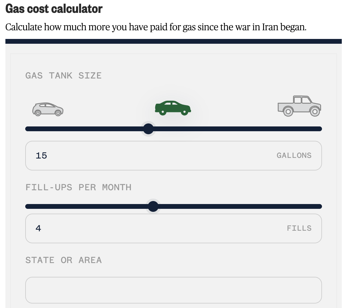 Gas cost calculator':' How much more have you paid at the pump since February?